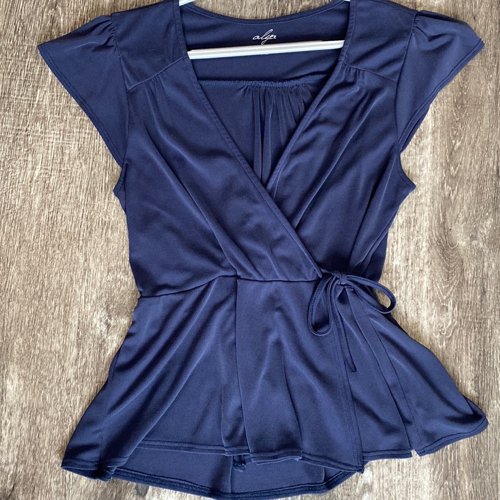 Alya S navy front tie deep v top